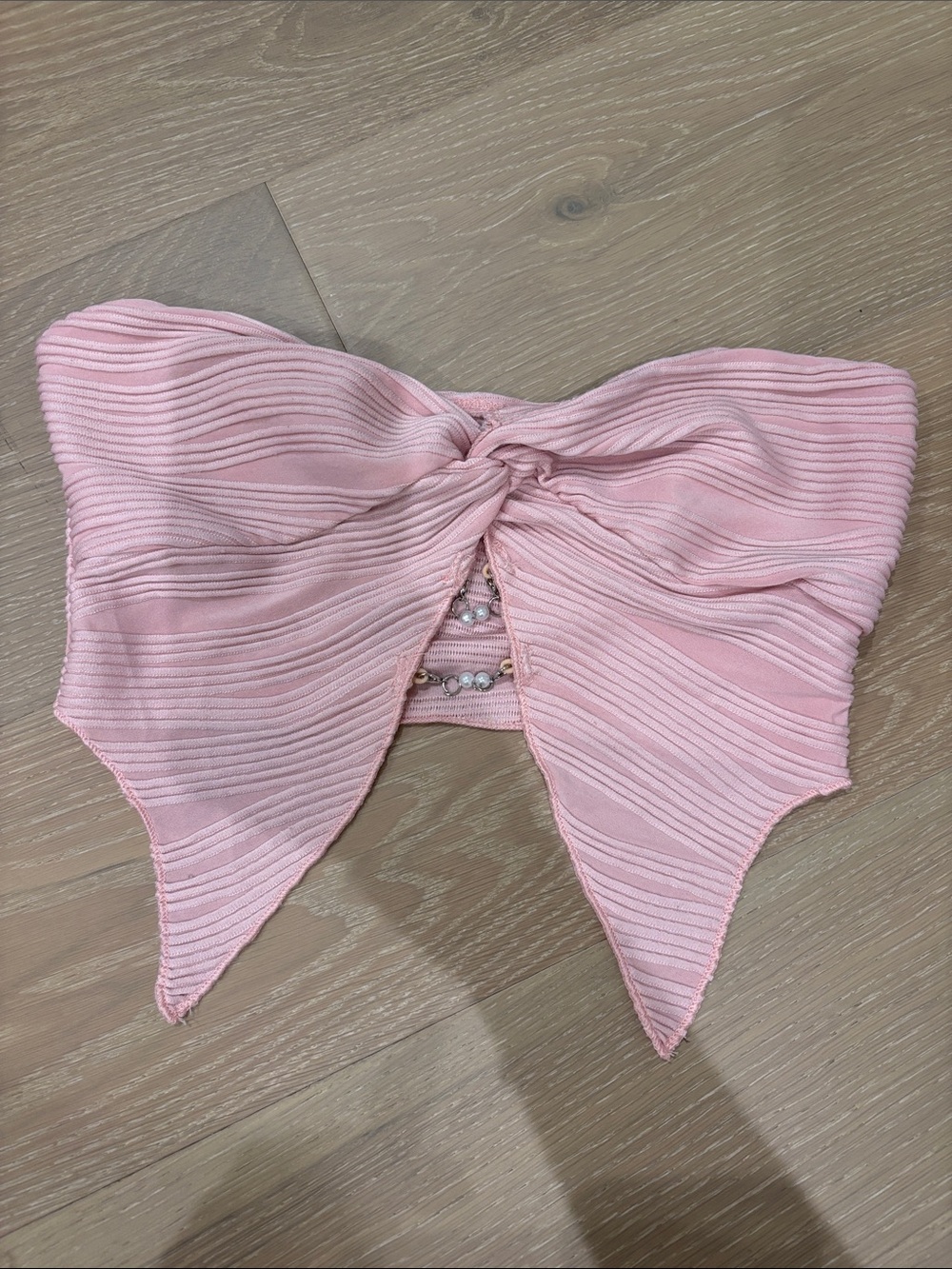 Pink Ribbed Bow Bandeau Top with Bead Detail